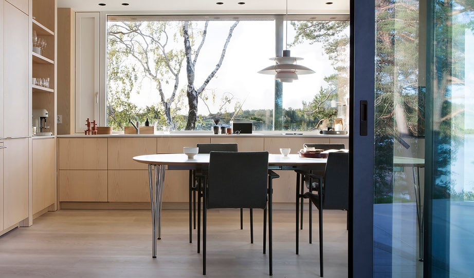 a kitchen with a large window