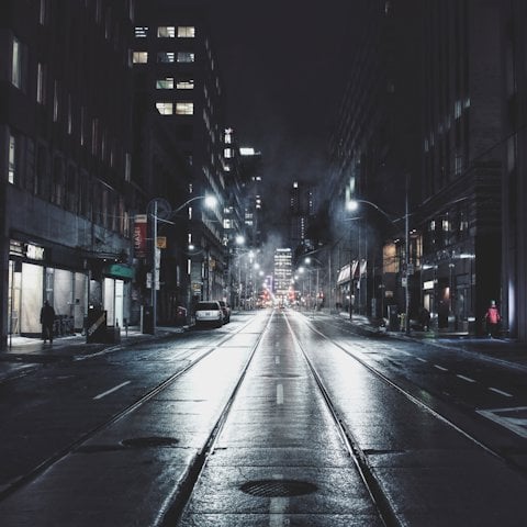 Nightscape of a brightly lit city street