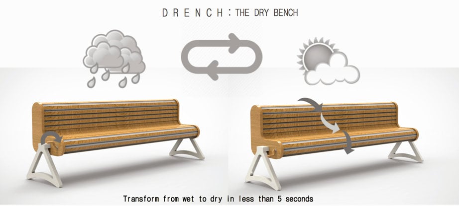 Public benches made from aluminium and wood, with text "Transform from wet to dry in less than five seconds"