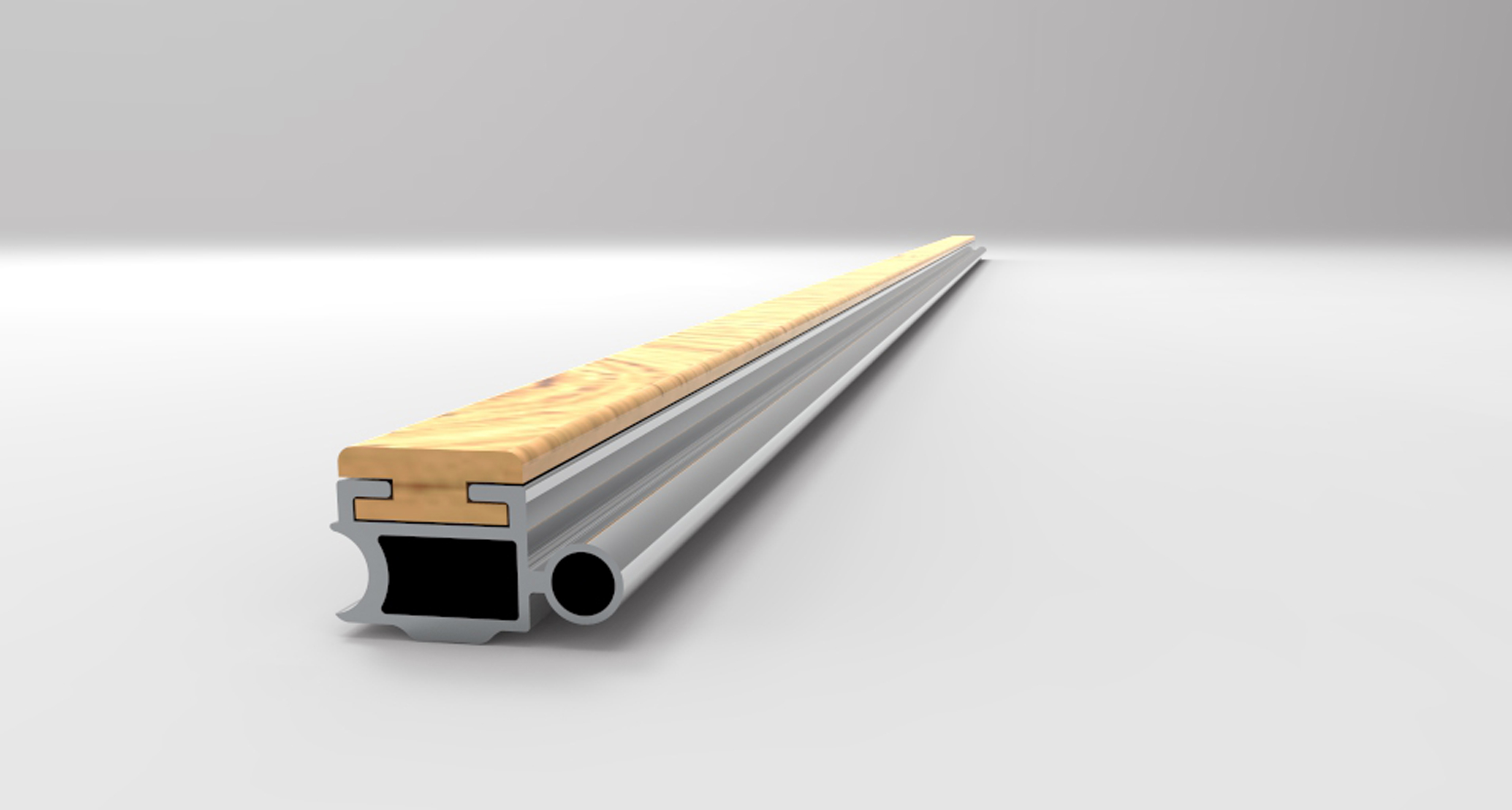 Long narrow aluminium profile interlocked with wooden board