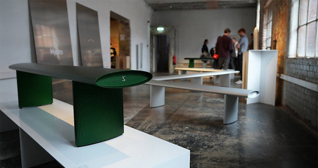 Lars Beller Fjetland's Bello! bench in green and silver at Hydro’s exhibition at London Design Festival 2023
