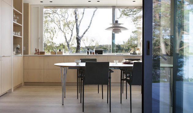 a kitchen with a large window