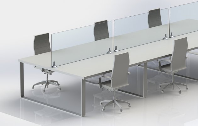 Six person conference table separated with transparent shields mounted on aluminium brackets