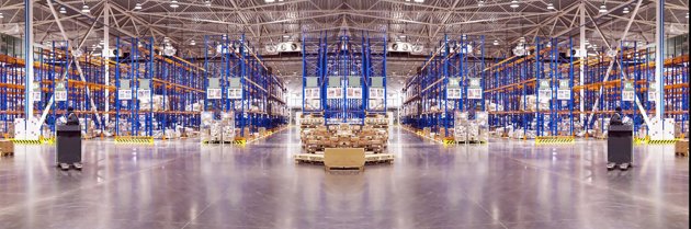 Inside a modern warehouse with automated forklifts