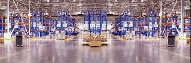 Inside a modern warehouse with automated forklifts