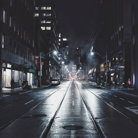Nightscape of a brightly lit city street