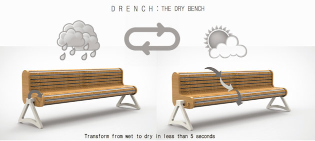 Public benches made from aluminium and wood, with text "Transform from wet to dry in less than five seconds"
