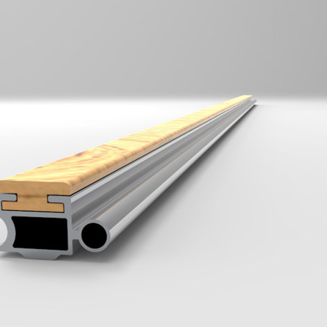 Long narrow aluminium profile interlocked with wooden board