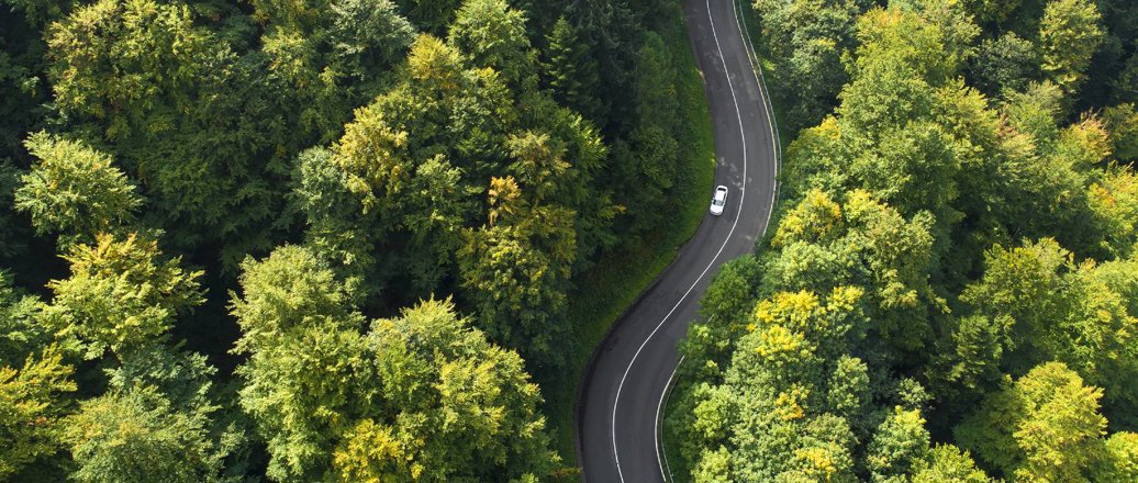 Car driving a winding road through woods