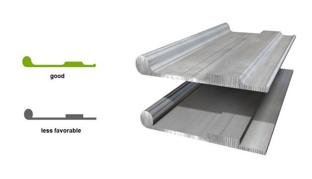 Cut through and illustration of two aluminium profiles, where one with straight edges is labeled as 
