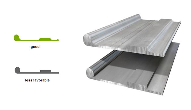 Cut through and illustration of two aluminium profiles, where one with straight edges is labeled as "less favourable", and one with rounded corners is labeled as "good"