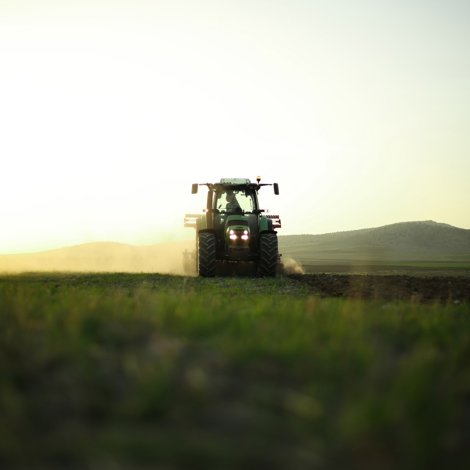 A harvester in a field at sunset