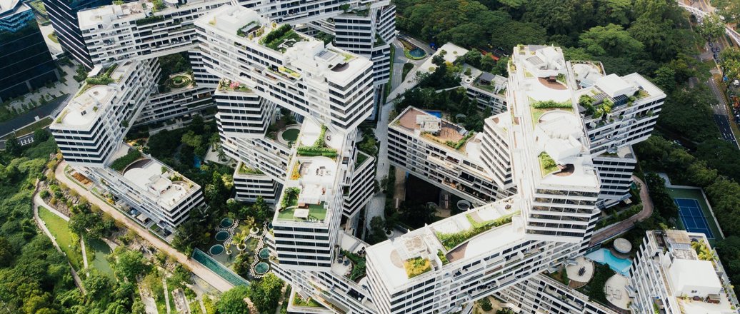 The Interlace, Singapore Condo, features 31 blocks of apartments stacked in a hexagonal arrangement. 