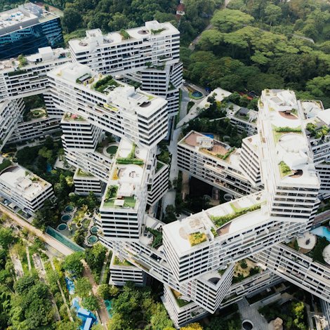 The Interlace, Singapore Condo, features 31 blocks of apartments stacked in a hexagonal arrangement. 