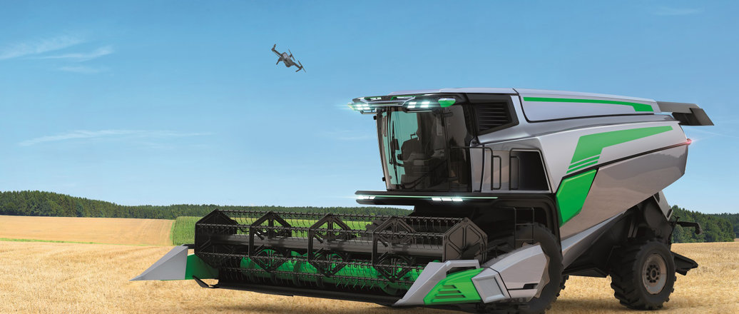 A futuristic harvester, observed by a small drone